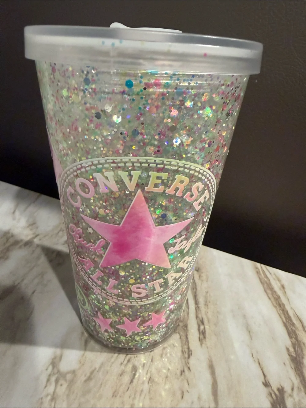 Converse Pink Star Glitter Travel Tumbler with Holographic Glitter